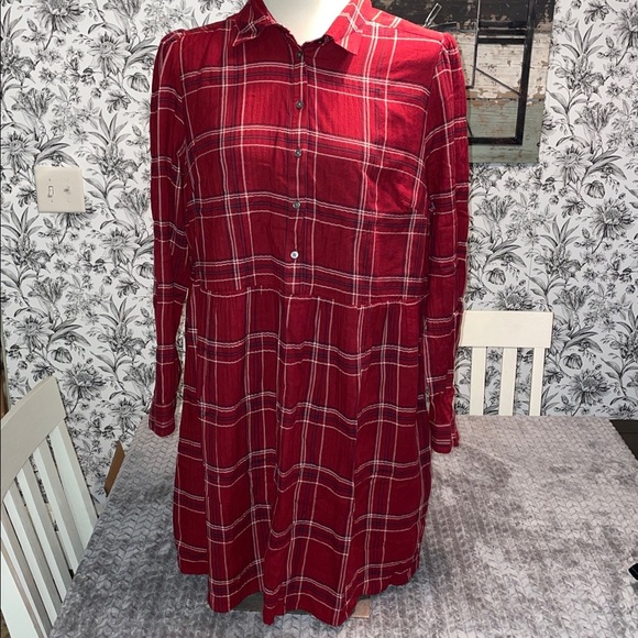 NWT Loft Plaid Swing/Shirt Dress. Size XL. Long Sleeve.  Cotton Blend.  Red. - Picture 1 of 11